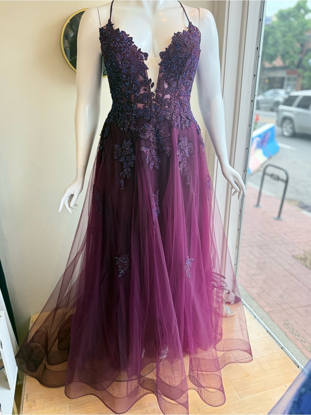 Alyce Paris Plum Purple Beaded Tulle Prom Gown
